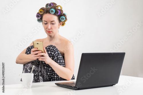 Woman in curlers lifestyle....