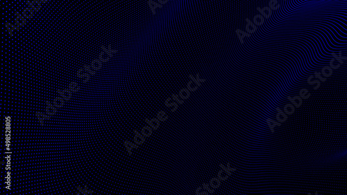 3d wavy technology abstract background. Digital blue neon line dots and particles network on black empty surface. Big data, sound, computers concept.