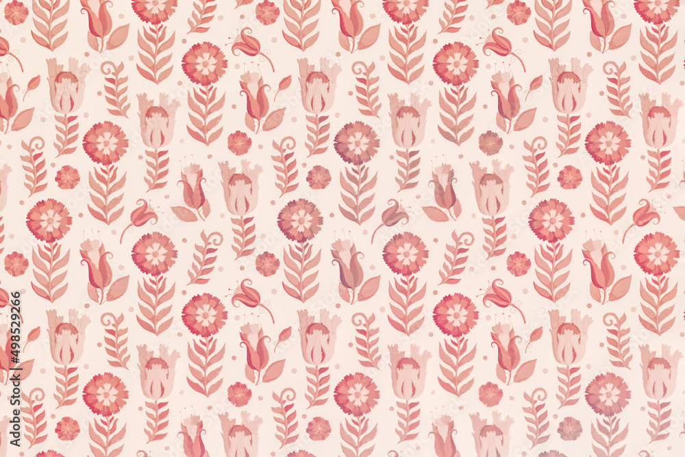 Background with floral ornament. Raster illustration for packaging, wrapping or scrapbooking design. Printing on paper or fabric. Pink flowers on a beige background. Background with floral ornament. Raster illustration for packaging, wrapping or scrapbooking design. Printing on paper or fabric. Pink flowers on a beige background.