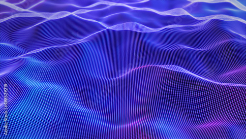 Technology background with connected dots on 3D wave landscape. Data science, particles, digital world, virtual reality, cyberspace, metaverse concept. photo