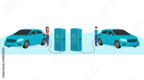 man and woman charging car at electric vehicle charging station, vehicle at EV charge Point, business character vector illustration on white background.