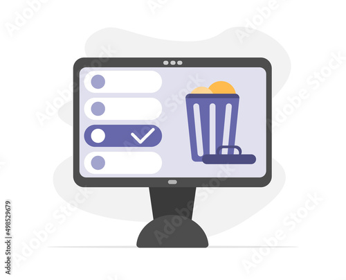 Clean computer, computer with garbage sign. Delete files or documents in the trash. Concept of file deletion, computer cleaning, deletion process. Flat vector illustration for user interface