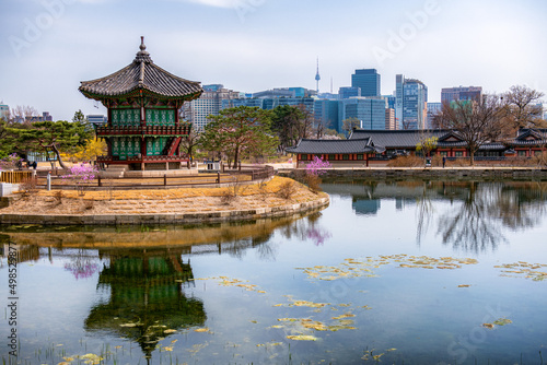 Pavilion in the park of  Gyeongbokgung palace, Seoul South Korea.