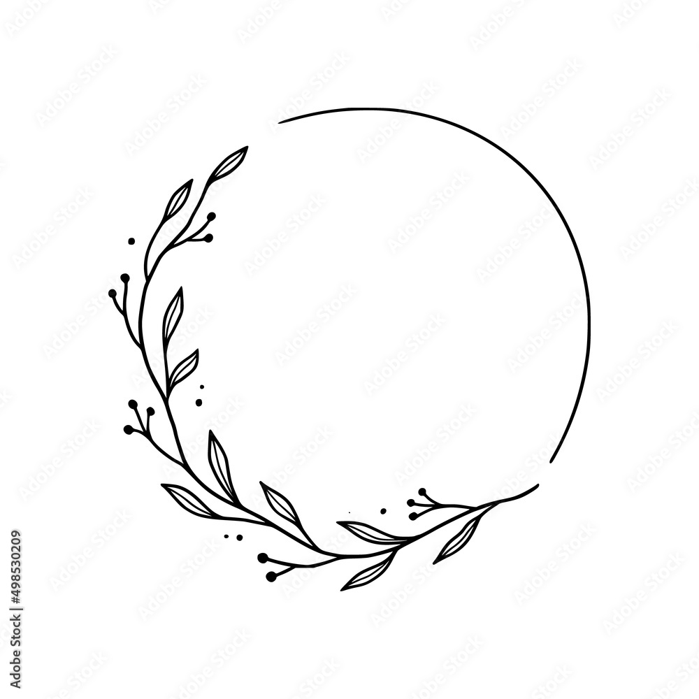 Floral circle frame, elegant wreath round border. Hand drawn doodle sketch style. Floral drawing frame, flourish design element for wedding, greeting card. Vector illustration.