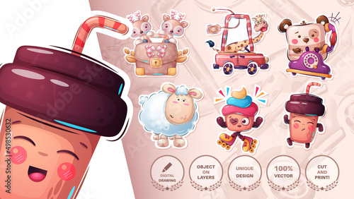 Set cute sticker tea, coffee, deer, diplomat, giraffe, car, lamb, sheep, bear, phone, cake photo