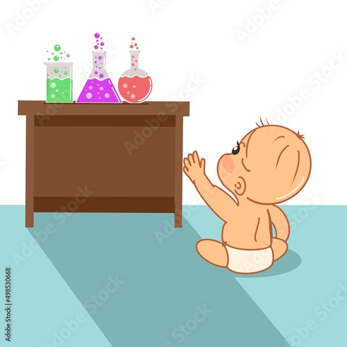 Little boy and bottles of dangerous chemical