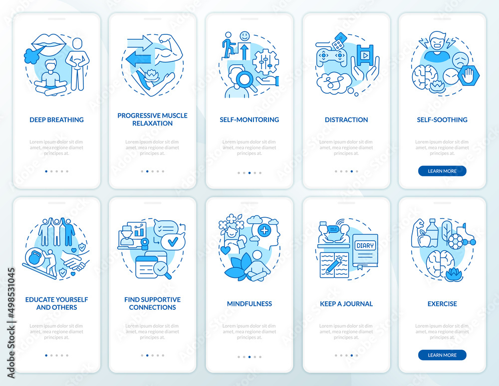 Coping with PTSD blue onboarding mobile app screen set. Mental health ...