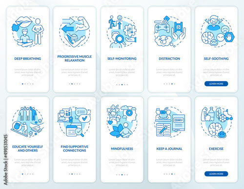 Coping with PTSD blue onboarding mobile app screen set. Mental health walkthrough 5 steps graphic instructions pages with linear concepts. UI, UX, GUI template. Myriad Pro-Bold, Regular fonts used