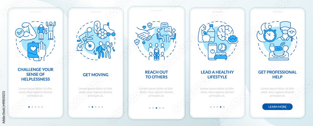 Self-help with PTSD blue onboarding mobile app screen. Ways to healing ...