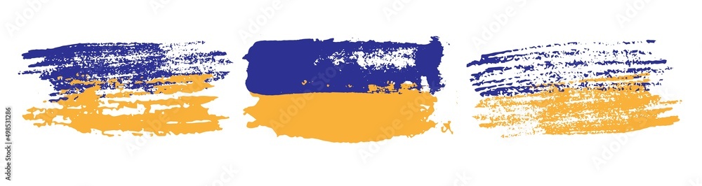 Obraz premium Set of brush stroke Ukrainian flag. Flag of Ukraine in grunge style. Vector illustration.
