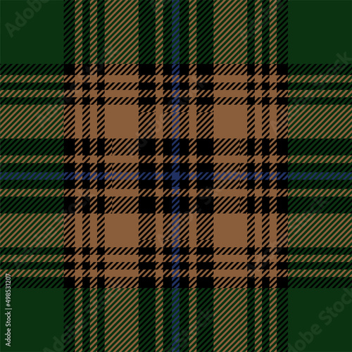 Green, brown and blue tartan plaid. Scottish pattern fabric swatch close-up. 