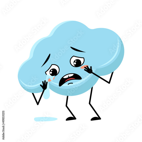 Cute cloud character with crying and tears emotion, sad face, depressive eyes, arms and legs. Person with melancholy expression and pose. Vector flat illustration