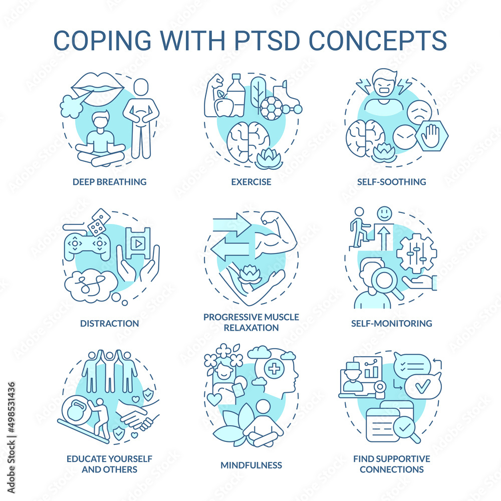 Coping with PTSD turquoise concept icons set. Mental health. Psychotherapy service idea thin line color illustrations. Isolated symbols. Editable stroke. Roboto-Medium, Myriad Pro-Bold fonts used