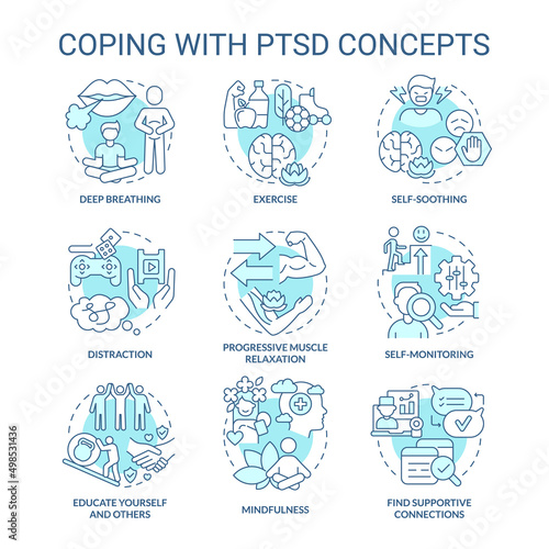 Coping with PTSD turquoise concept icons set. Mental health. Psychotherapy service idea thin line color illustrations. Isolated symbols. Editable stroke. Roboto-Medium, Myriad Pro-Bold fonts used