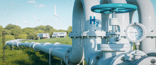 A hydrogen pipeline to houses illustrating the transformation of the energy sector towards clean, carbon-neutral, safe and independent energy sources to replace natural gas in homes. photo