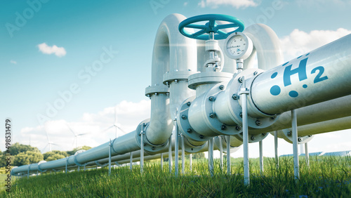 A hydrogen pipeline illustrating the transformation of the energy sector towards to ecology, carbon neutral, secure and independent energy sources to replace natural gas. 3d rendering photo