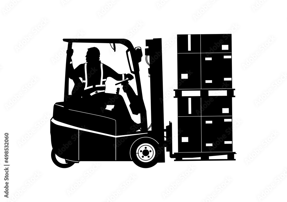 Silhouette of forklift with driver traveling in reverse. Vector.
