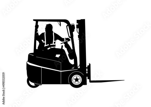 Silhouette of forklift with driver traveling in reverse. Vector.
