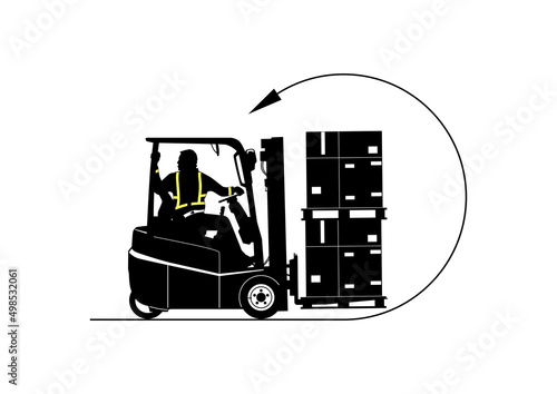 Silhouette of forklift with driver traveling in reverse. Vector.