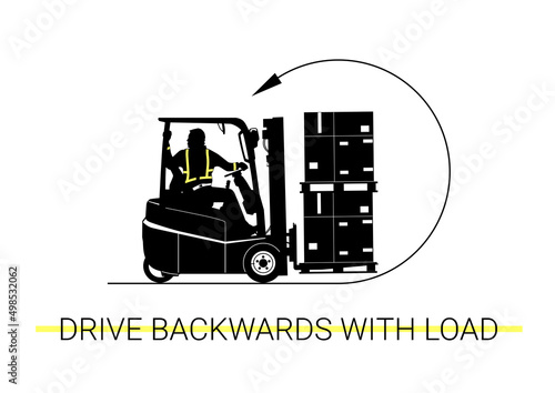 Silhouette of forklift with driver traveling in reverse. Vector.