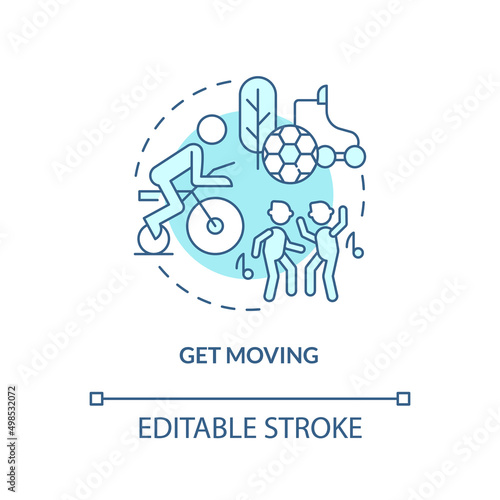 Get moving turquoise concept icon. Sport and activities. Self help with PTSD abstract idea thin line illustration. Isolated outline drawing. Editable stroke. Arial, Myriad Pro-Bold fonts used
