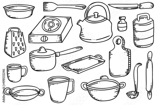 cooking utensil hand drawn doodle illustration, kitchen utensil outline design