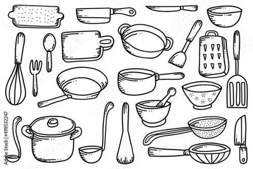kitchen utensils hand drawn doodle illustration isolated on white background