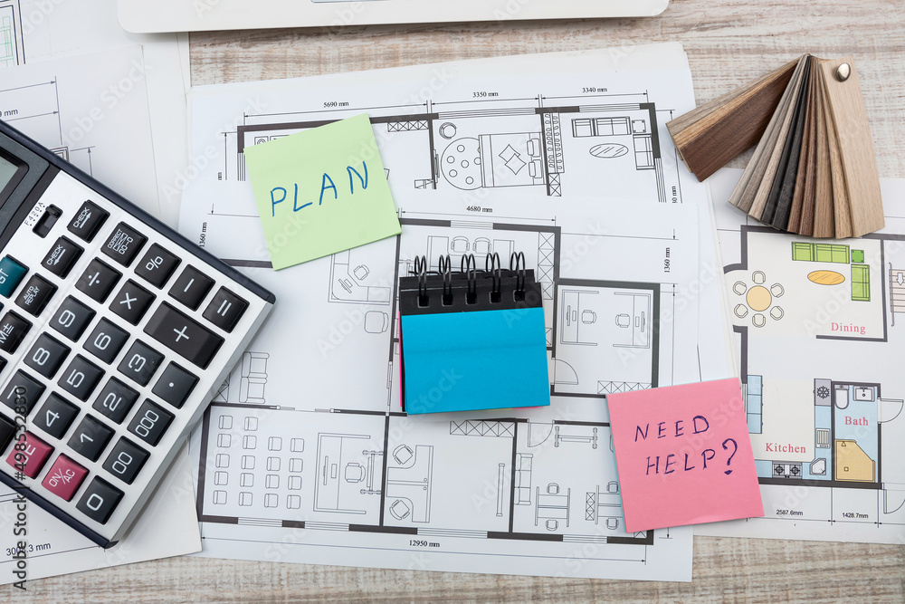Fototapeta premium Architect work house sketch plan blue print with colors palette on desk