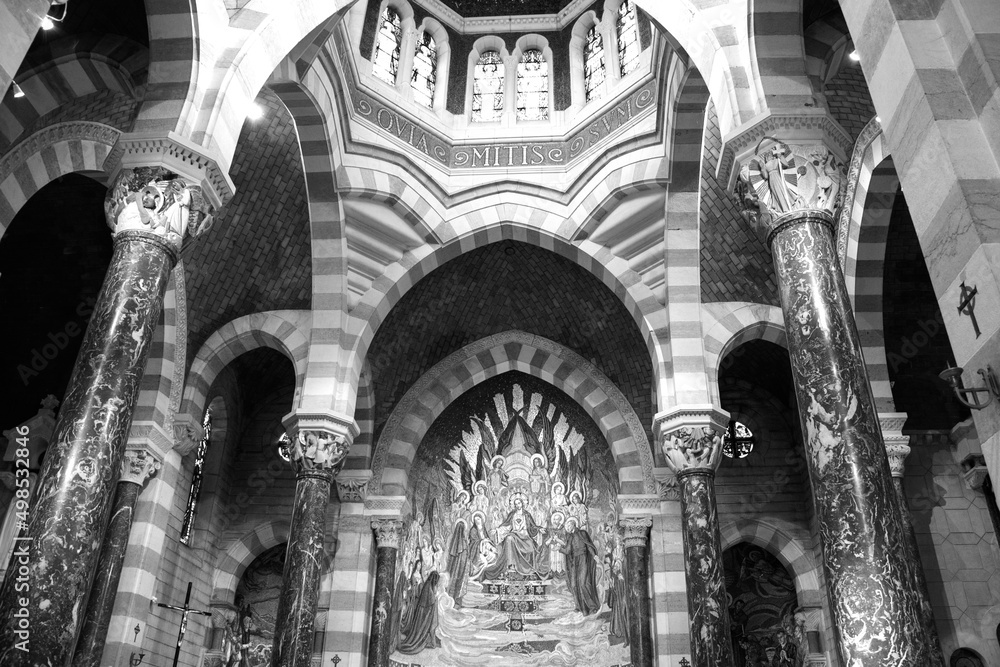 Sacred heart mosaics in Chapel of St. Claude de la Colombiere. Paray-le-Monial. France. God love concept. Black white historic photo.