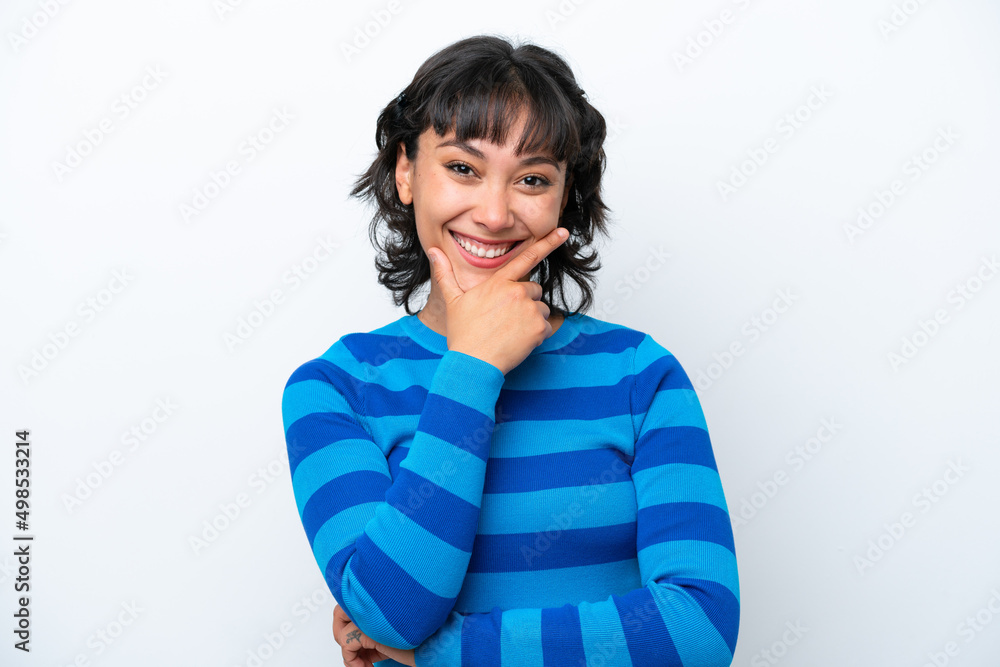 Young Argentinian woman isolated on white background happy and smiling Young Argentinian woman isolated on white background happy and smiling