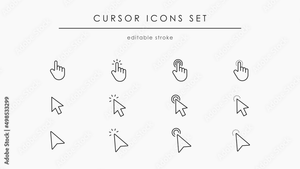 Cursor vector icon set. Hand and arrow icons for web. Click button ...