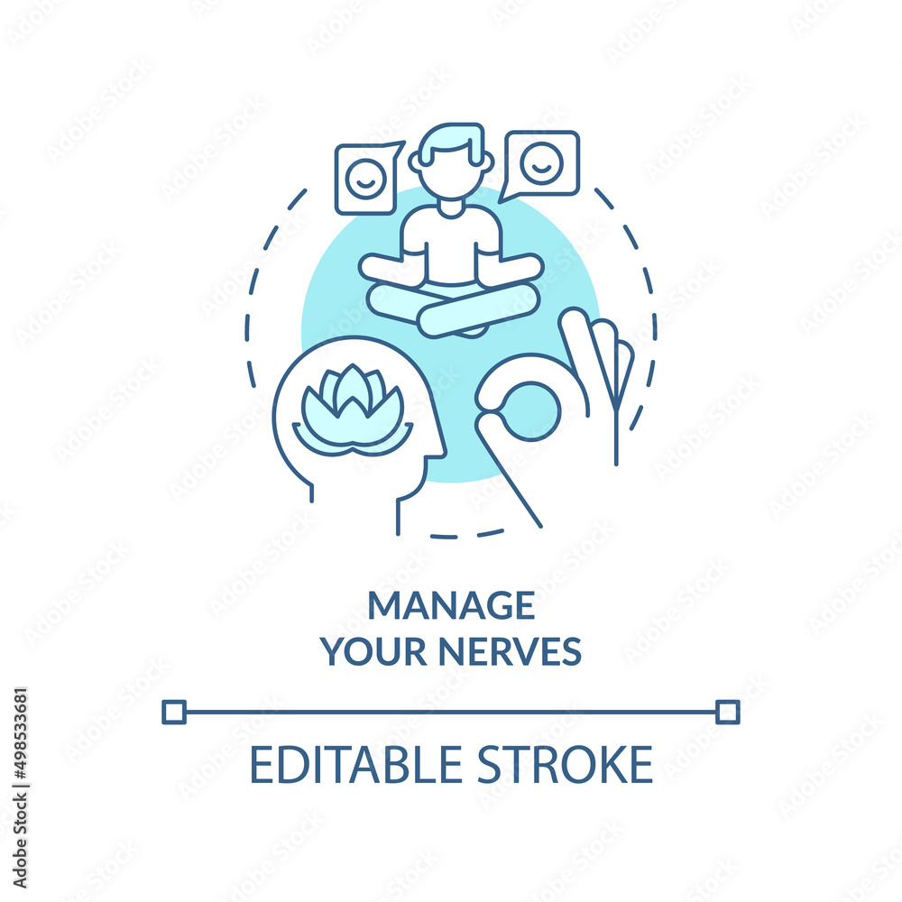 Manage your nerves turquoise concept icon. Overcome anxiety. Step to charisma abstract idea thin line illustration. Isolated outline drawing. Editable stroke. Arial, Myriad Pro-Bold fonts used Manage your nerves turquoise concept icon. Overcome anxiety. Step to charisma abstract idea thin line illustration. Isolated outline drawing. Editable stroke. Arial, Myriad Pro-Bold fonts used