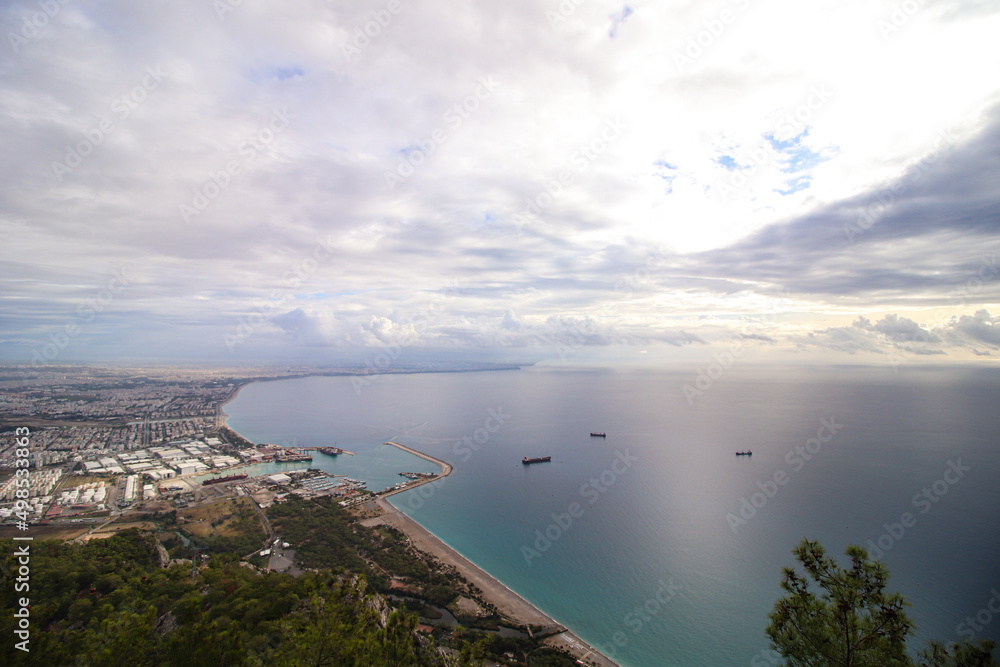 View of port, city and sea in Antalya, Turkey.