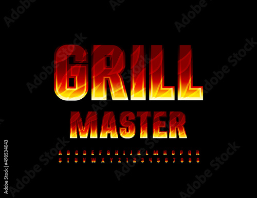 Vector flaming logo Grill Master. Fire pattern Font. Burning Alphabet Letters and Numbers set