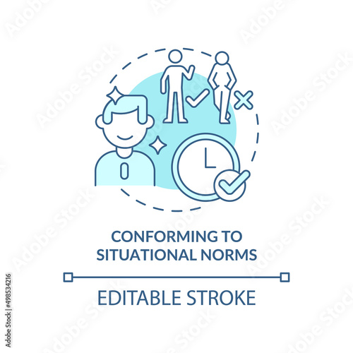 Conforming to situational norms turquoise concept icon. Impression management abstract idea thin line illustration. Isolated outline drawing. Editable stroke. Arial, Myriad Pro-Bold fonts used