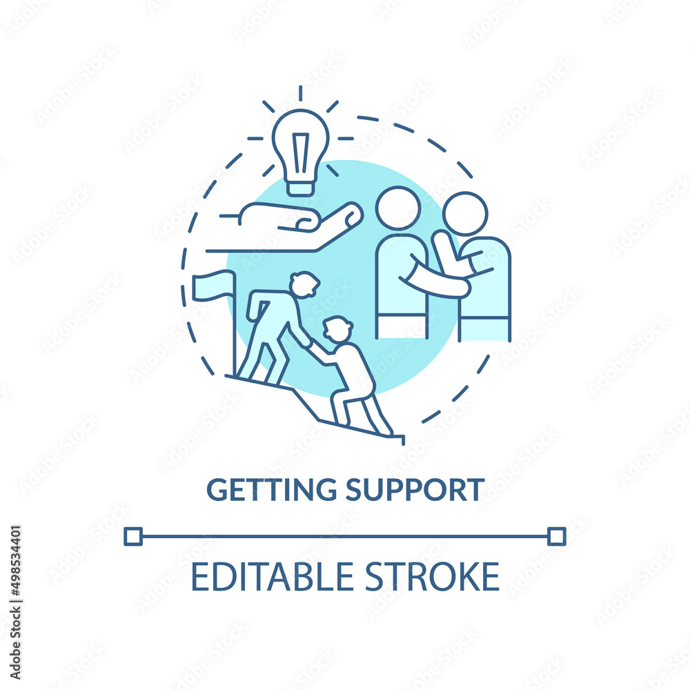 Getting support turquoise concept icon. Motivate and inspire people. Charisma benefit abstract idea thin line illustration. Isolated outline drawing. Editable stroke. Arial, Myriad Pro-Bold fonts used