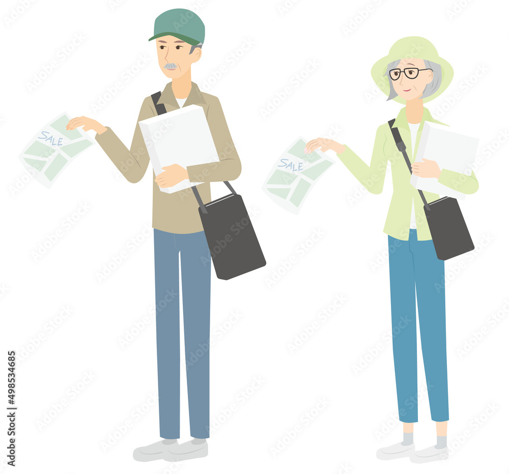 ポスティングのアルバイトをするシニアの男女