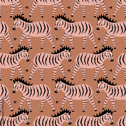 Cute zebra hand drawn vector illustration. Funny baby character in flat style. African animal seamless pattern.