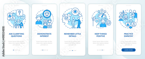Practical steps to build charisma blue onboarding mobile app screen. Walkthrough 5 steps graphic instructions pages with linear concepts. UI, UX, GUI template. Myriad Pro-Bold, Regular fonts used
