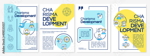 Charisma development blue and yellow brochure template. Build confidence. Leaflet design with linear icons. 4 vector layouts for presentation, annual reports. Questrial, Lato-Regular fonts used