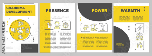 Elements of charisma yellow brochure template. Charisma development. Leaflet design with linear icons. 4 vector layouts for presentation, annual reports. Arial-Black, Myriad Pro-Regular fonts used