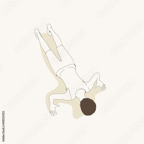 Young female workout. Sport girl doing push up exercise. Casual sportwear - t-shirt, breeches and sneakers. Young woman wearing workout clothes. Sport fashion girl outline in urban casual style.
