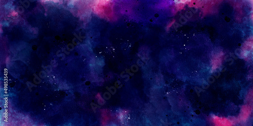 Fototapeta Naklejka Na Ścianę i Meble -  abstract night sky space watercolor background with stars. watercolor dark blue nebula universe. watercolor hand drawn illustration. Blue and pink gradient watercolor ombre leaks and splashes texture.