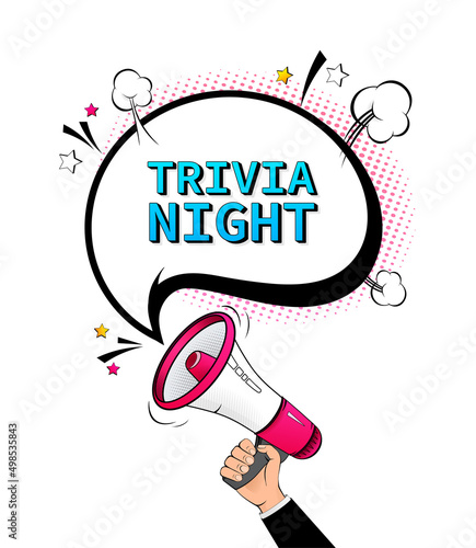 Trivia night megaphone on white background for flyer design. Vector illustration in pop style
