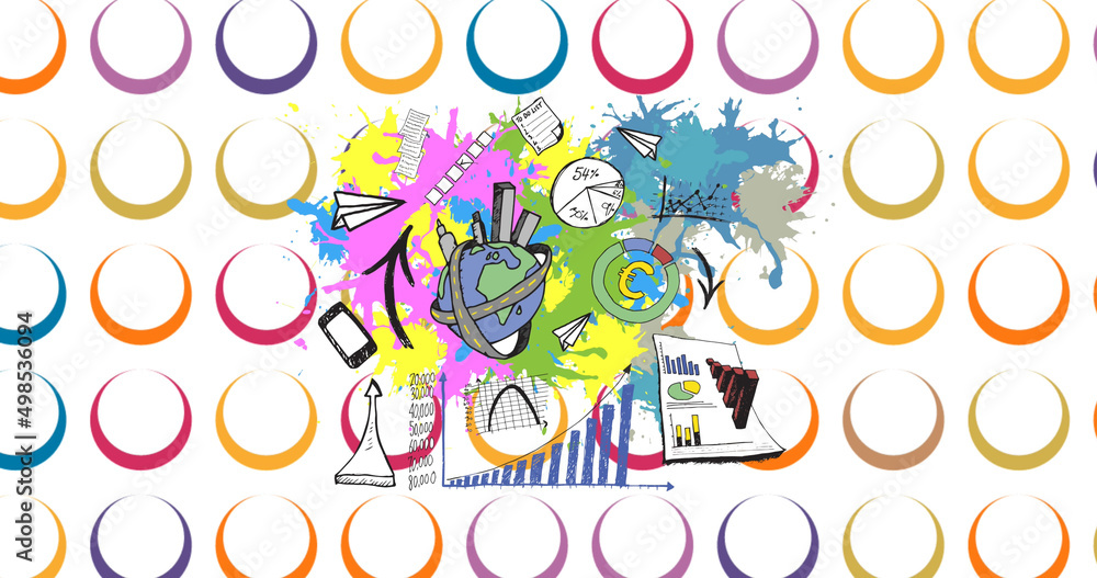 Image of business icons over colorful circles on white background Image of business icons over colorful circles on white background