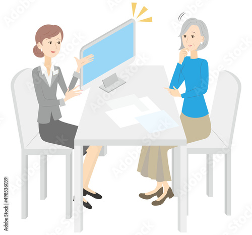 人材紹介会社に行き、定年後に仕事の斡旋を受けるシニア女性