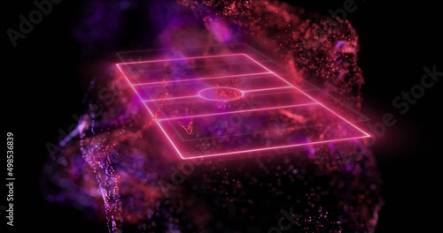 Image of pink neon sports field and clouds of smoke