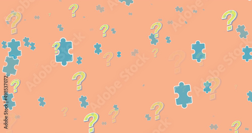 Image of puzzles and question marks floating over orange background