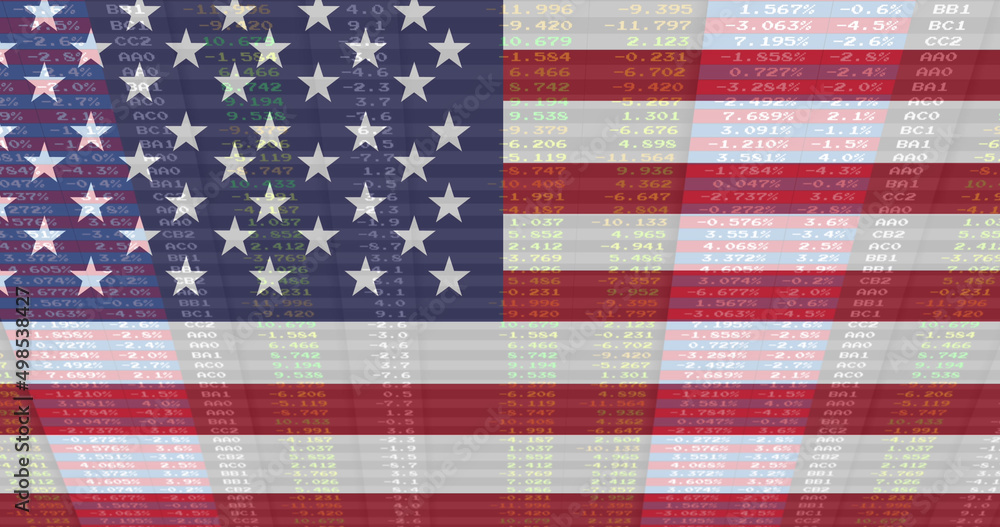 Fototapeta premium Image of statistics and financial data processing over flags of united states of america