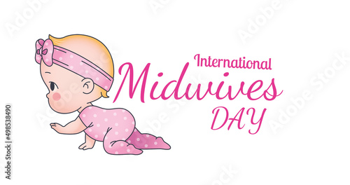 Image of international midwives day and baby in pink clothes over white background
